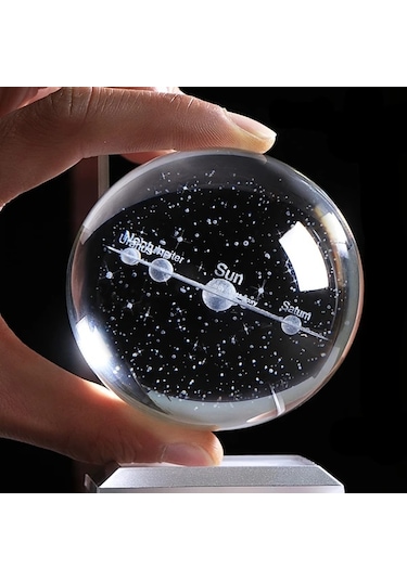Honeybeeshop 1 Adet 8 Cm Küçük 3d Güneş Sistemi Kristal Topu Led Tabanlı Gece Lambası Ev Dekorasyon Astronomi Hediye Ahşap