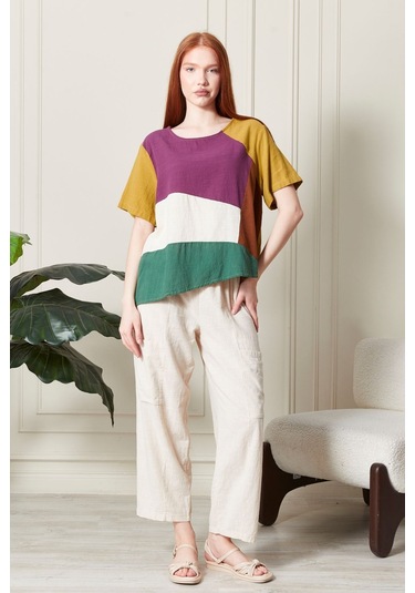 Keten Gökkuşağı Asimetrik Kesim Bluz Renkli Ve Şık Tasarım SAFRAN