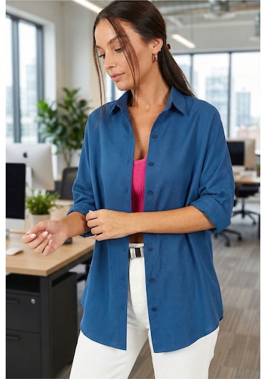 Armonika Kadın Lacivert Oversize Uzun Basic Gömlek Arm-22y001118