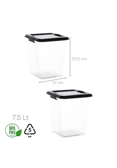 Porsima 4378 2li Mega Boy Hava Geçirmez Deterjan Saklama Kabı Erzak Saklama Kabı Seti Gri 7,5 Lt Şeffaf Siyah