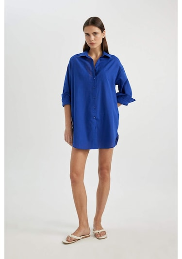 DeFacto Regular Fit Pamuklu Plaj Gömleği-Fall in Love W8241AZ24SMBE114 Mavi DeFacto Regular Fit Pamuklu Plaj Gömleği-Fall in Love W8241AZ24SMBE114 Mavi