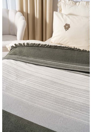 Veloura Haki Çift Kişilik Püsküllü Battaniye Çok Renkli