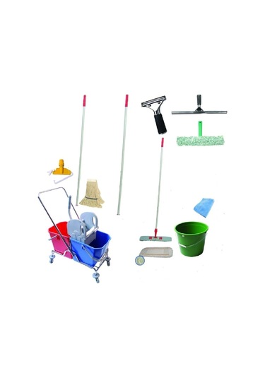 Safell Çift Kovalı Krom Temizlik Arabası Full Temizlik Seti Presli