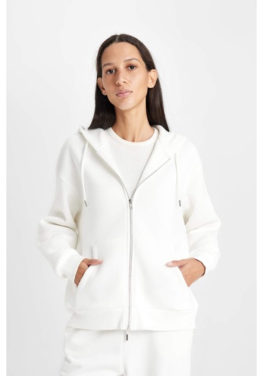 Defacto Relax Fit Kapüşonlu Cepli Basic Düz Fermuarlı Sweatshirt C1809AX24WNER105 Ekru