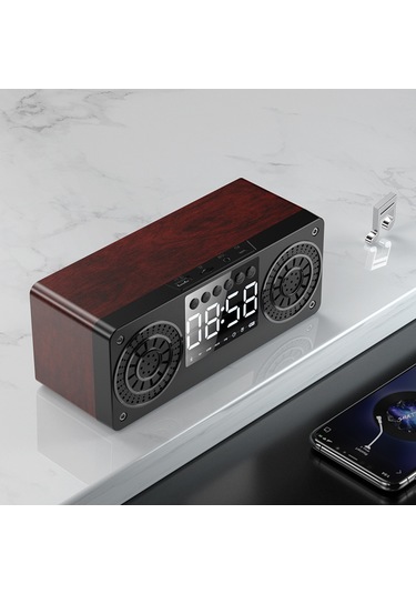 Suofeng A10 Bluetooth 5.0 Hoparlör Saati - Radyo/tf Kart/usb/aux Destekli, Led Saat Gösterimi, Ahşap Desenli Çok Fonksiyonlu Ses Cihazı