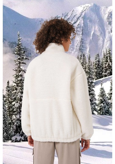 Gabria Baskılı Fermuarlı Peluş Mont Ekru