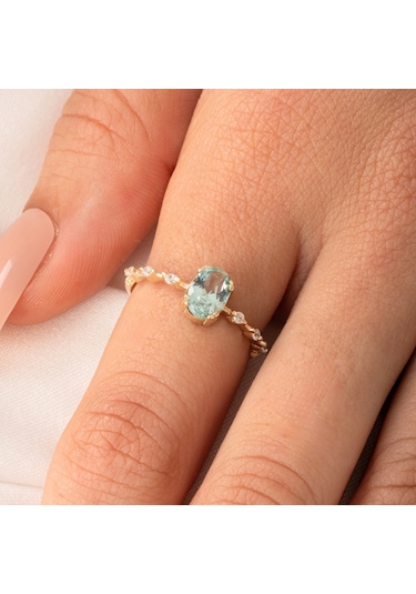 Gümüş Yüzük - Green Topaz Taşlı Kadın Modern Tasarım 925 Ayar Gümüş Evlilik Teklifi Yüzüğü Sarı