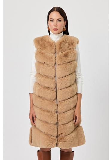 Vittoria Camel Tüylü Uzun Yelek Siyah