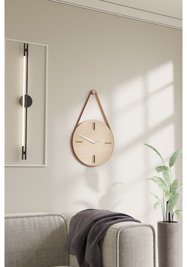 Dekoratif Deri Askılı Ahşap Duvar Saati Naturel