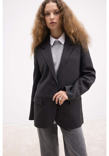 Defacto Oversize Geniş Kalıp Ceket Yaka Düğmeli Çizgili Blazer Ceket D6879ax24auar151 Antrasit