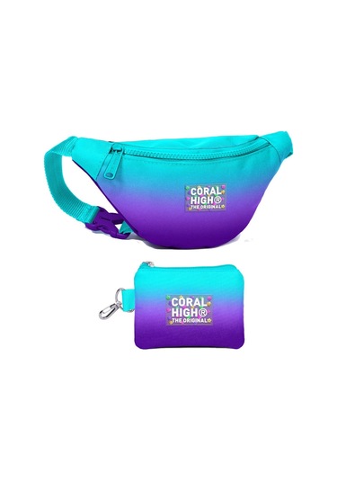 Coral High Erkek Çocuk Turkuaz Mor Renk Geçişli Desenli Bel Çantası Ve Bozuk Para Cüzdanı Set Çok Renkli
