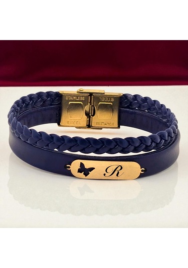 Archin R Harfine Özel 14 Ayar Altın Plakalı Lacivert Derili Kelebek Motifli Hediye Bileklik-616harf R
