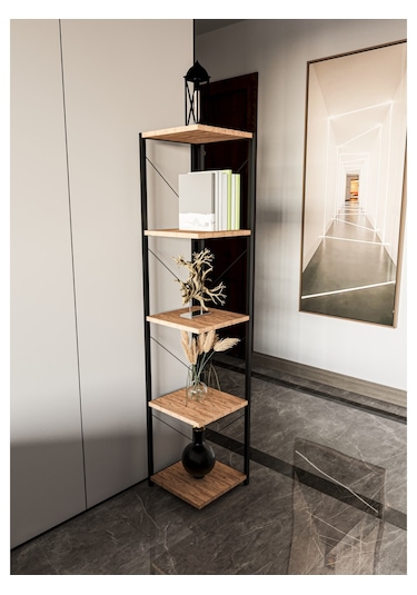 Alpa Ev Mobilya 5 Katlı Kare Raflı Metal Köşe Raf, Dekoratif Kitaplık Ve Modern Saksılık Atlantik Çam