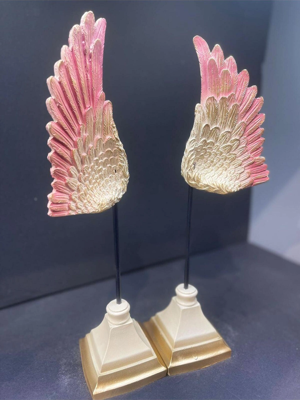 Dekoratif Polyester Ikili Melek Kanatları Biblo Krem Pembe Gold Eskitme