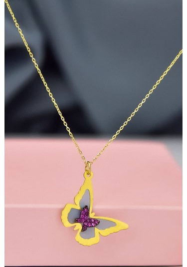 925 Ayar Gümüş Gold Kaplama Rüya Serisi Cam Boyalı İç İçe Kelebek Kolye