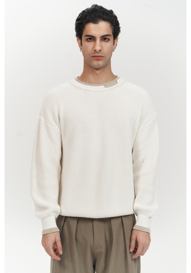 Carter Çift Yaka Detaylı Ekru Erkek Triko Kazak Ekru