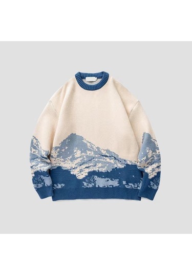 Sonbahar Ve Kış Kravat Boyalı Kar Dağ Trend Marka Yuvarlak Yaka Kazak Erkek Bol Kazak Üniversite Uzun Kollu Kazak Erkek Mavi