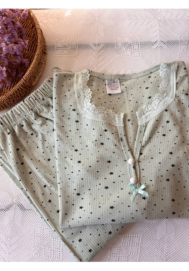 Dantel Yaka Detaylı Pamuklu Penye Kumaş Pijama Takımı Açık Yeşil