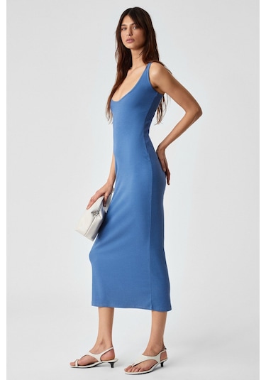 GRIMELANGE Sofutey Kadın Slim Kolsuz Oyuk Yaka Düz Paça Mavi Elbise Mavi