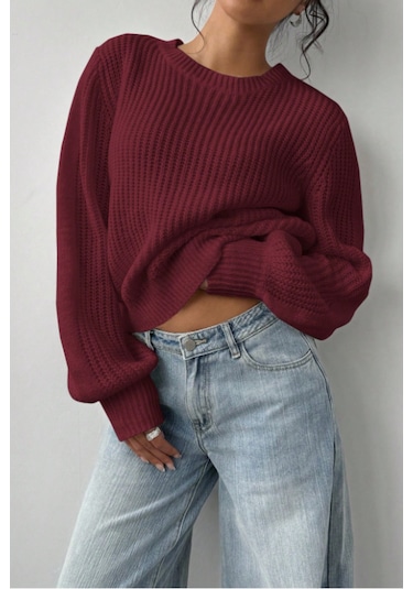 Tarz Cool Kadın Bordo Oversize Bisiklet Yaka Balon Kol Fitilli Triko Kazak Bordo