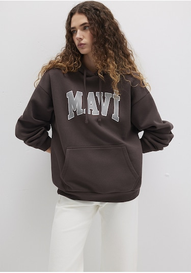 Mavi - Mavi Logo Baskılı Kapüşonlu Kahverengi Sweatshirt 1600361-70222 Kahverengi
