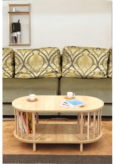 Orta Sehpa Ahşap Ayaklı Sehpa İki Raflı Sehpa Dekoratif Sehpa Gazetelikli Safir Meşe