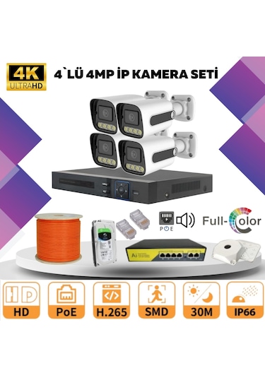 Go Vision 4'lü Güvenlik Ip Kamera Seti - 4mp Dış Mekan Kamera, 3.6mm Lens, H.265, Poe, Warm Led Gece Görüşlü