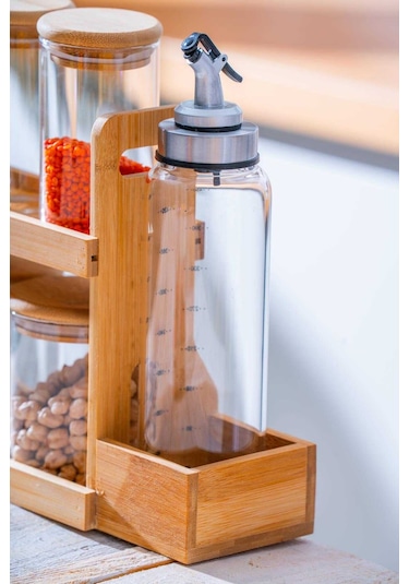 Acar Malibu Bambu Standlı 9 Lu Boroslikat Cam Baharatlık Seti Şeffaf