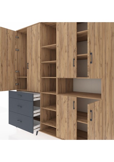 Kronos Dolap 13 Raflı 3 Çekmeceli 6 Kapaklı 220x59x243 Çam-çam/antrasit Atlas Çam/antrasıt