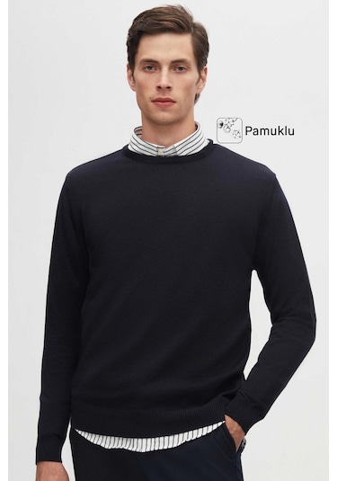 Regular Fit Lacivert Tüylenme Yapmayan Bisiklet Yaka Triko Kazak Lacivert