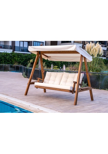 Pera 2000 Üç Kişilik Ahşap Bahçe Salıncağı Krem