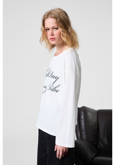 Grımelange Dazulu Kadın Yumuşak Kumaşlı Baskılı Uzun Kollu Beyaz T-shirt Beyaz