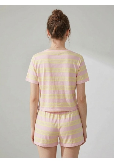 Pembe Sarı Çizgili T-shirt Şort Örme Pijama Takımı Pembe