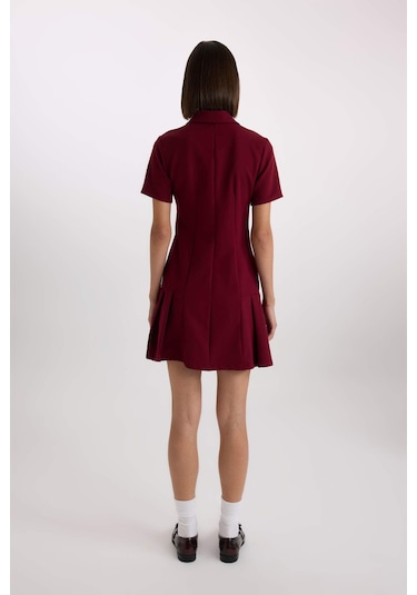 Defacto Polo Yaka Basic Düz Kısa Kollu Pileli Mini Elbise D4203AX24AUBR118