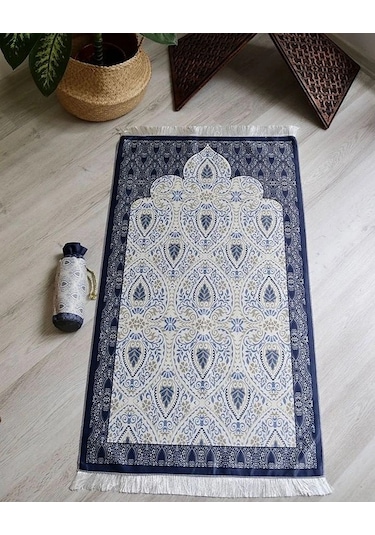 Rumi Desenli İpek Dokulu Keseli Seccade Gri Renk Çok Renkli