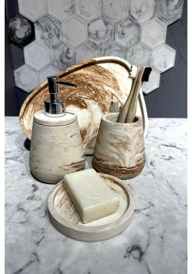 Betonmall 4 Parça Mermer Desenli Beton Banyo Seti Katı Sıvı Sabunluk Diş Fırçalığı Sunum Tepsisi - Bej Bej