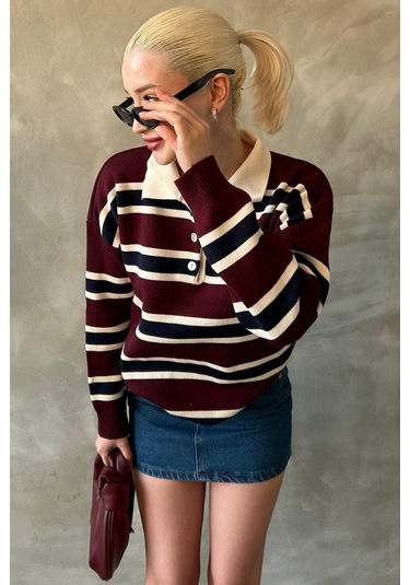 Madmext Bordo Çizgili Düğmeli Polo Yaka Kadın Triko Kazak Mg2280 Bordo