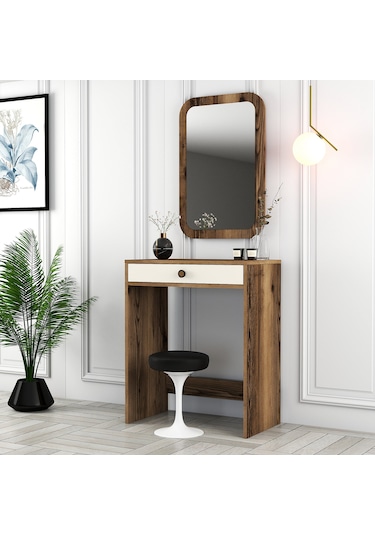 Lizbon Mini Makyaj Masası Aynalı - Ceviz / Krem