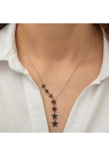 Gümüş Siyah Kayan Yıldızlar Kadın Kolye Rose