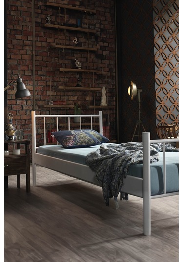 Falez Tek Kişilik Ferforje Metal Karyola-beyaz Ahşap Latalı