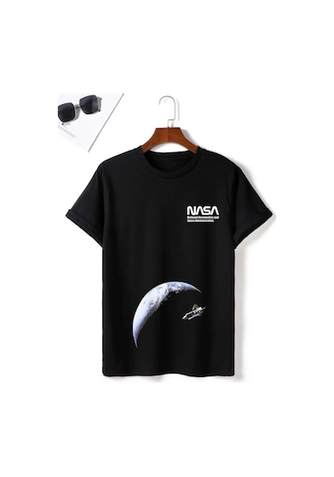 Erkek Siyah Oversize Nasa Uzay Baskılı T-shirt Siyah-68388