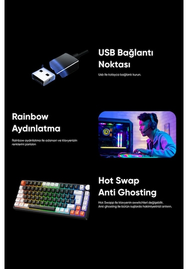 Strike Compact Mekanik Klavye Hot Swap Anti Ghosting Türkçe Örgü Kablo Oyuncu Klavyesi Siyah