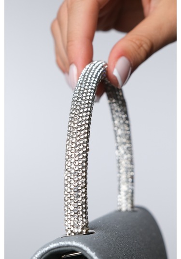 Monako Gümüş Kum Sim Taşlı Kadın El Çantası Gümüş Sim