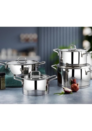 Lines Silver Çelik Tencere Seti 8 Parça Metal Kulp Gümüş