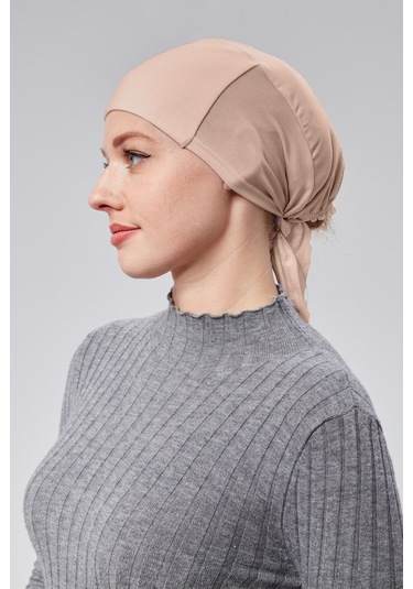 Kadın Tesettür Likralı Penye Dikişsiz Kaymaz Düz Bağlamalı Bone Bej