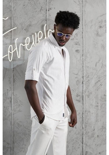 Advante Kalın Çizgili Katlamalı Kol Yaka Düğmeli Slimfit Pamuklu Yazlık Gömlek 001