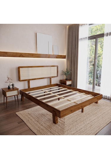 Hazeran Lilyum Model Ceviz Renk Ahşap Karyola Ve İki Komodin Set-150 140 x 200