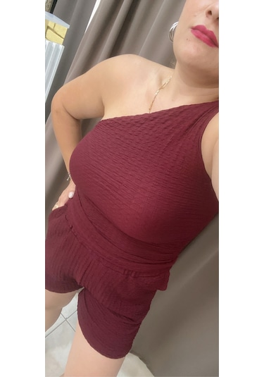 Tuba Toptaş Gofre Şort Lastikli Bel Bordo