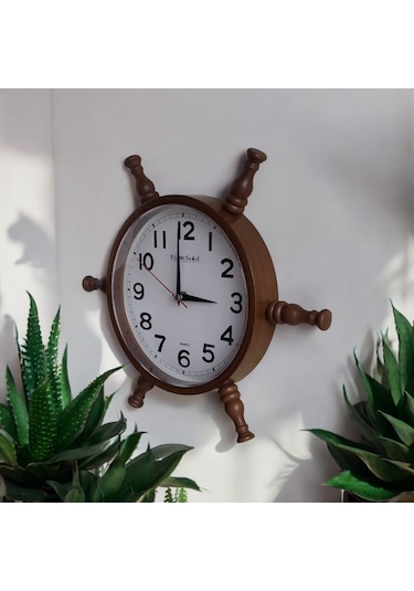 Nostaljik Eskitme Ahşap Gemici Dümen Duvar Saati Çap 35 Cm Eskitme