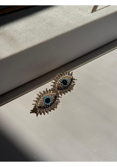 Göz Figürlü Nazar Boncuğu Detaylı Taşlı Küpe Altın Renk Kadın Çelik Takı Altın